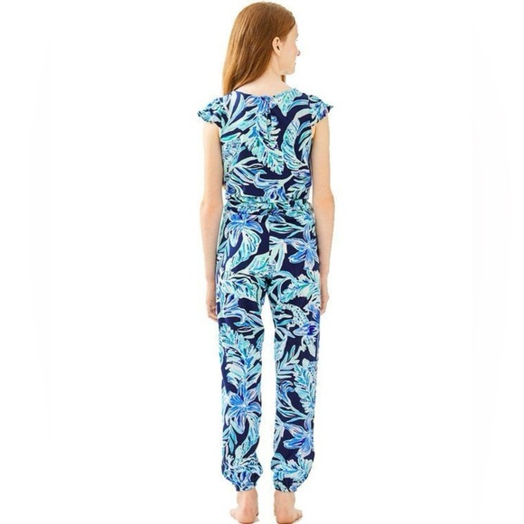 Lilly Pulitzer Odessa Jumpsuit Girls High Tide Navy Blue Floral Romper Jumpsuit - Picture 3 of 9
